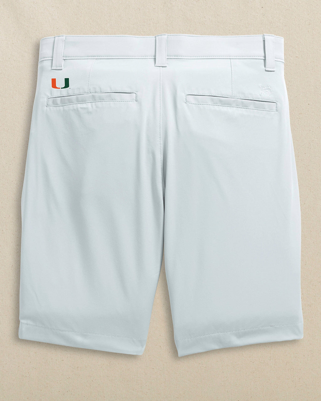 The back view of the Southern Tide Miami Hurricanes brrr°®-die 8" Performance Short by Southern Tide - Seagull Grey