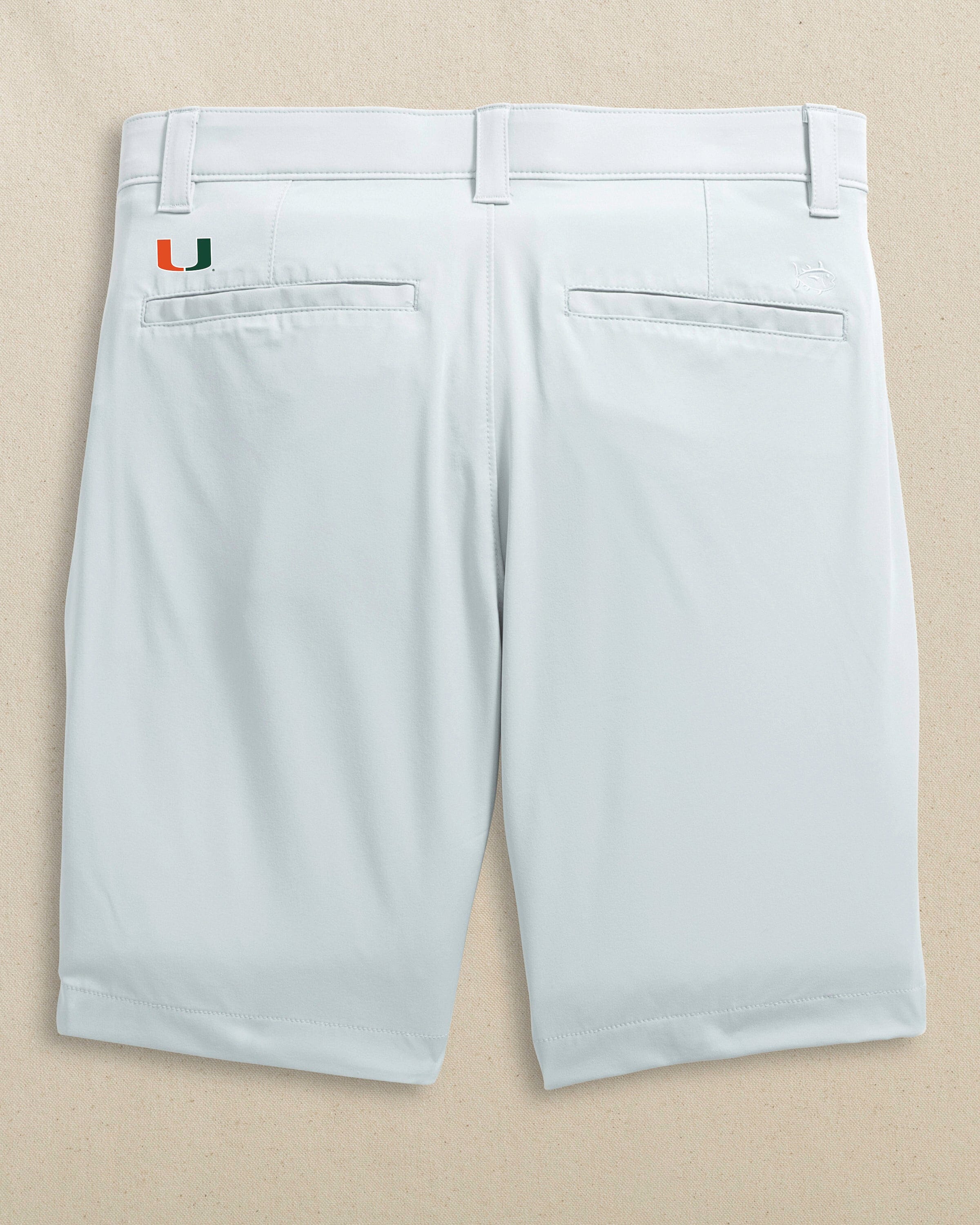 The back view of the Southern Tide Miami Hurricanes brrr°®-die 8" Performance Short by Southern Tide - Seagull Grey